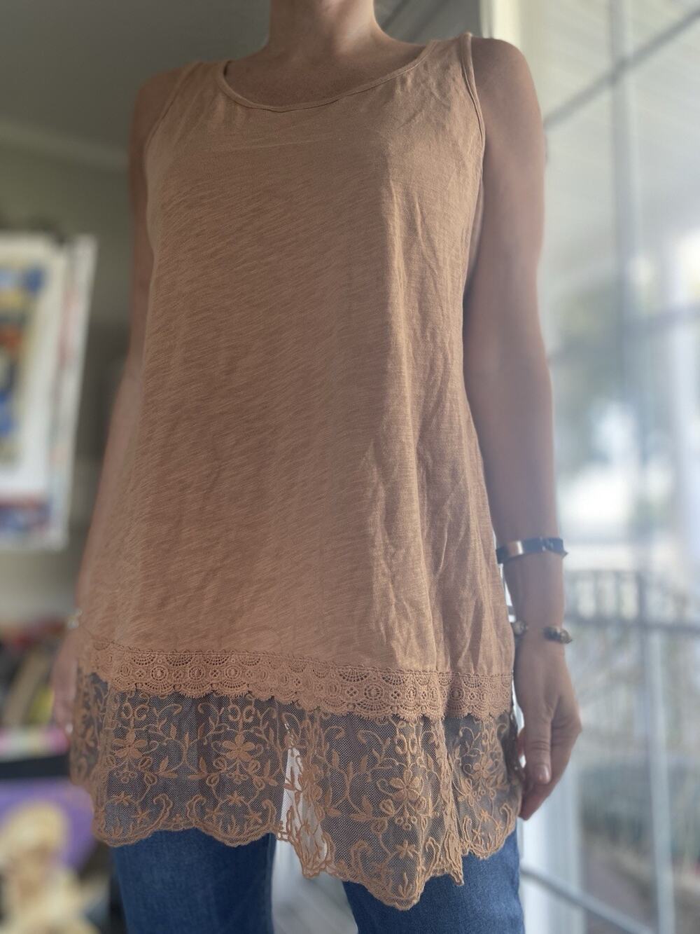 LOGO Layers by Lori Goldstein Cotton Slub Tank with Lace Hem Tan S